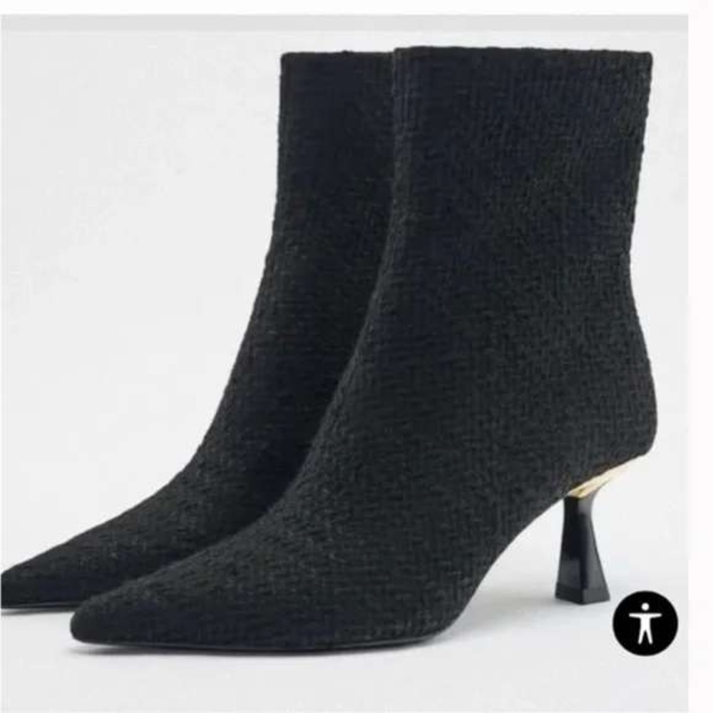 $90 NWOT Zara Black Textured Pointed Toe Sock Booties Gold Heel Ankle Women's 36 - Picture 2 of 10